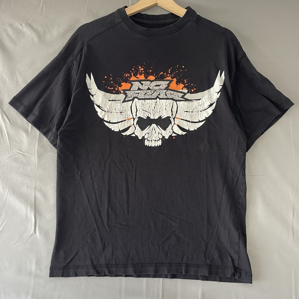 Y2k Winged Skull No Fear Graphic Tee Men's Small Grunge Black Multi-Colored